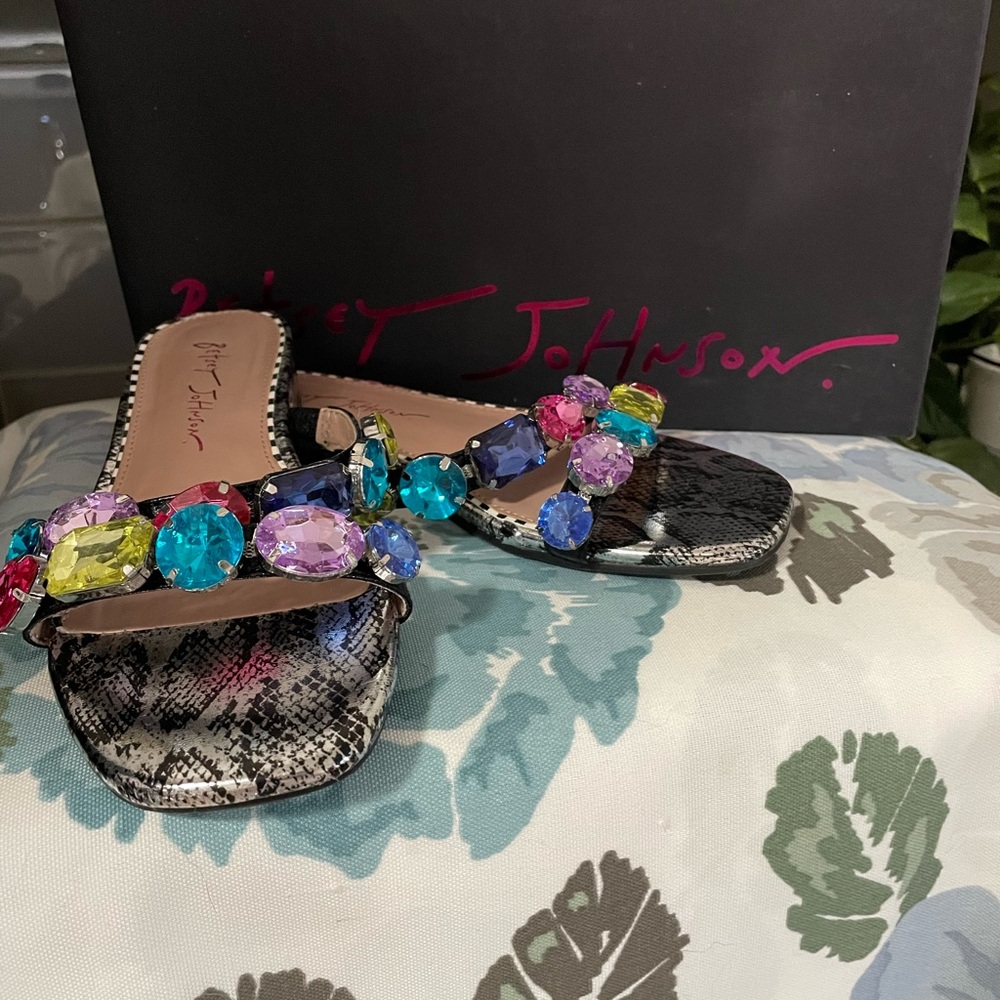 Betsey Johnson black with multicolored stones sandals. Size 6.